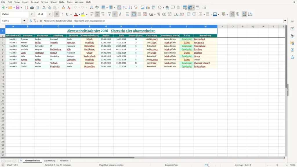Abwesenheiten – Abwesenheitskalender Excel Vorlage (2026)