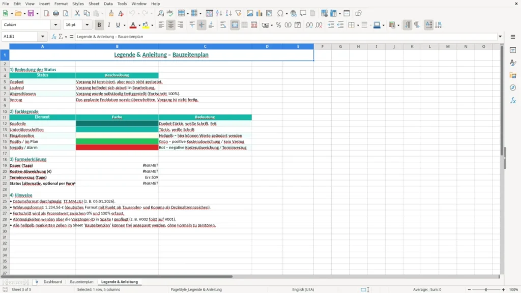 Legende & Anleitung – Bauzeitenplan Excel Vorlage (2026)