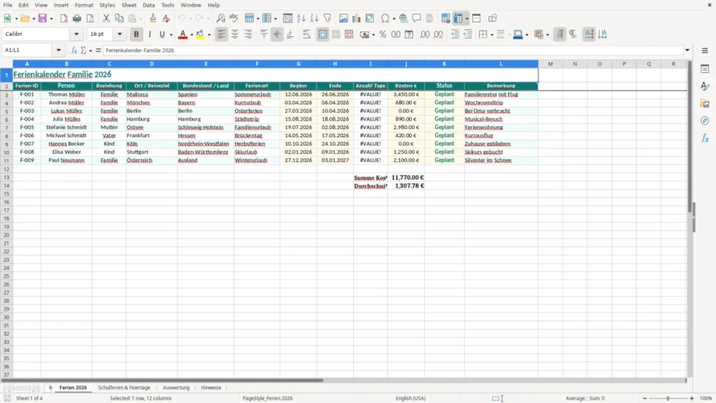 Ferien 2026 – Ferienkalender Familie Excel Vorlage (2026)