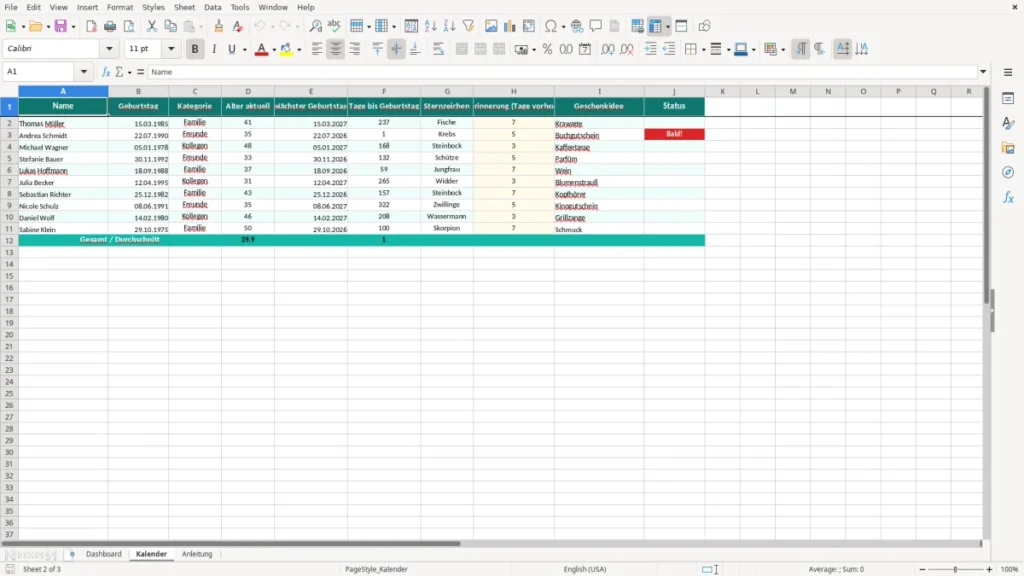 Kalender – Geburtstagskalender Excel – Kostenlose Vorlage (2026)