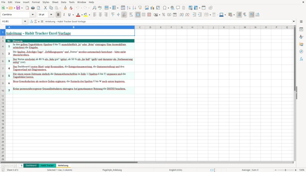 Anleitung – Habit Tracker Excel Vorlage kostenlos