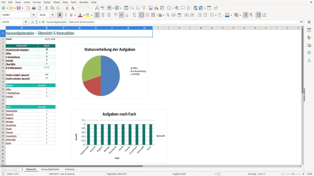 Übersicht – Hausaufgabenplan Excel Vorlage (2026)