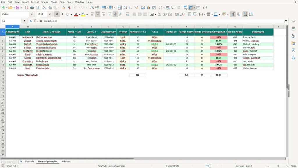 Hausaufgabenplan – Hausaufgabenplan Excel Vorlage (2026)