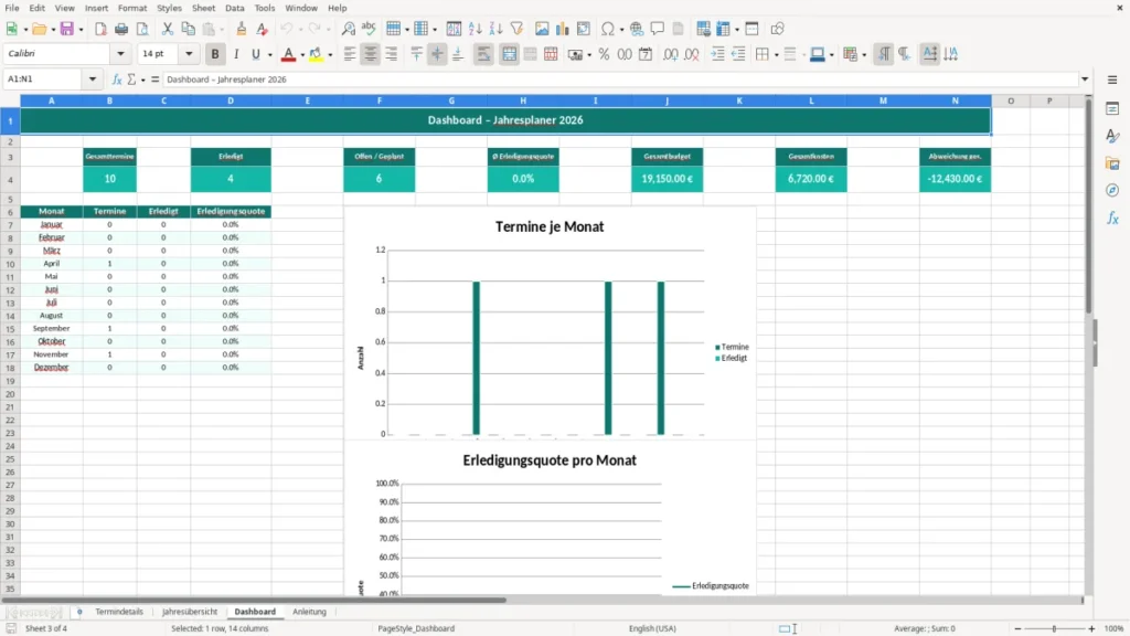 Dashboard – Jahresplaner Übersicht Excel Vorlage (2026)