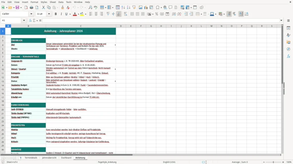 Anleitung – Jahresplaner Übersicht Excel Vorlage (2026)