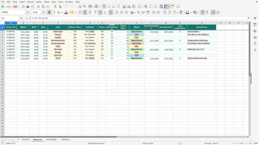 Klausuren – Klausurplan Excel Vorlage Kostenlos (2026)