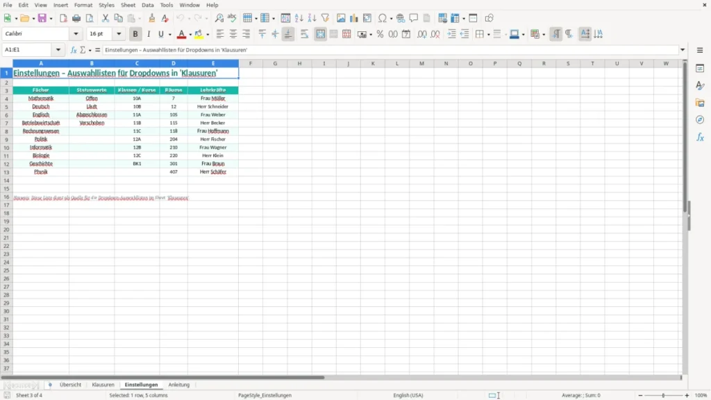 Einstellungen – Klausurplan Excel Vorlage Kostenlos (2026)