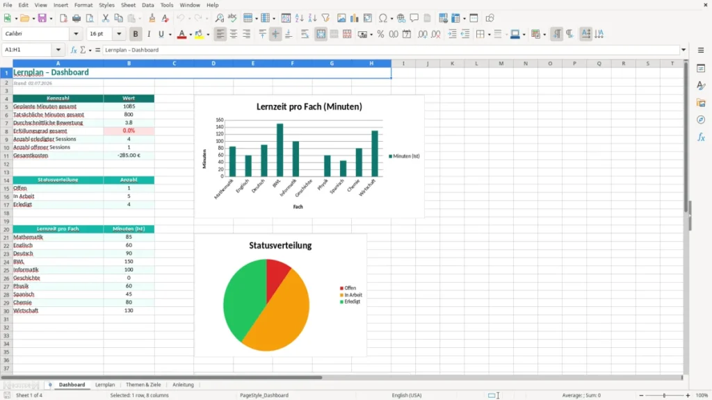 Dashboard – Lernplan Excel Vorlage (2026)