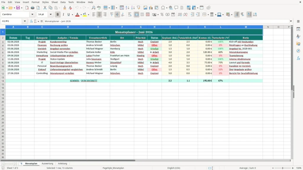 Monatsplan – Monatsplaner Excel – Kostenlose Vorlage (2026)