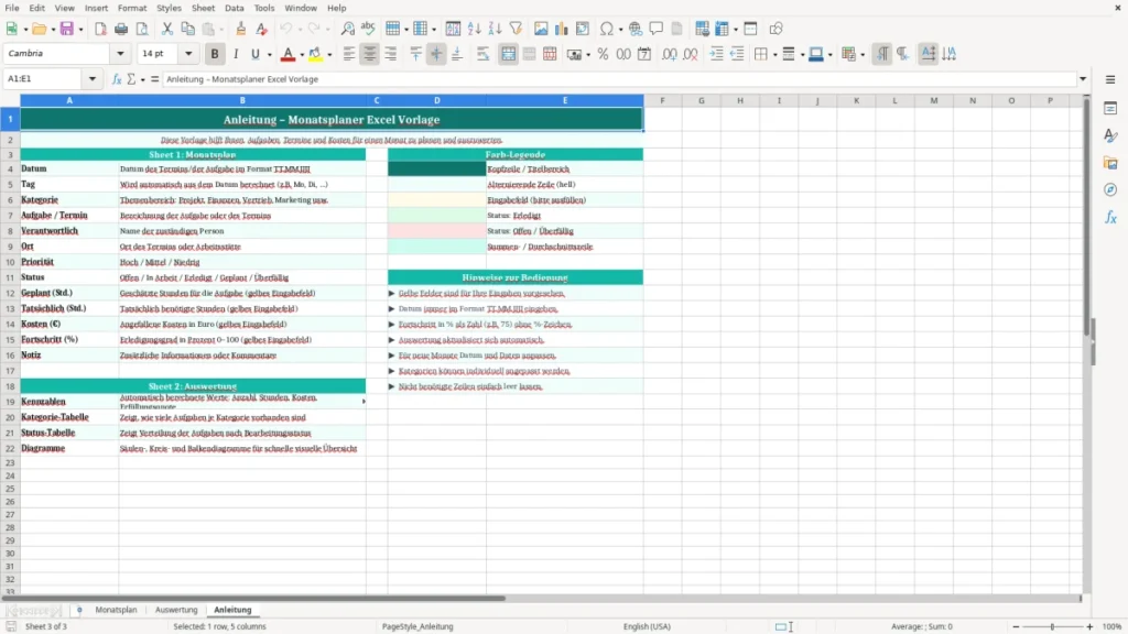 Anleitung – Monatsplaner Excel – Kostenlose Vorlage (2026)