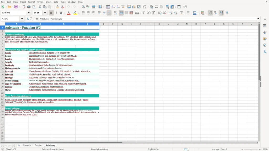Anleitung – Putzplan WG Excel Vorlage – Kostenlose Vorlage (2026)