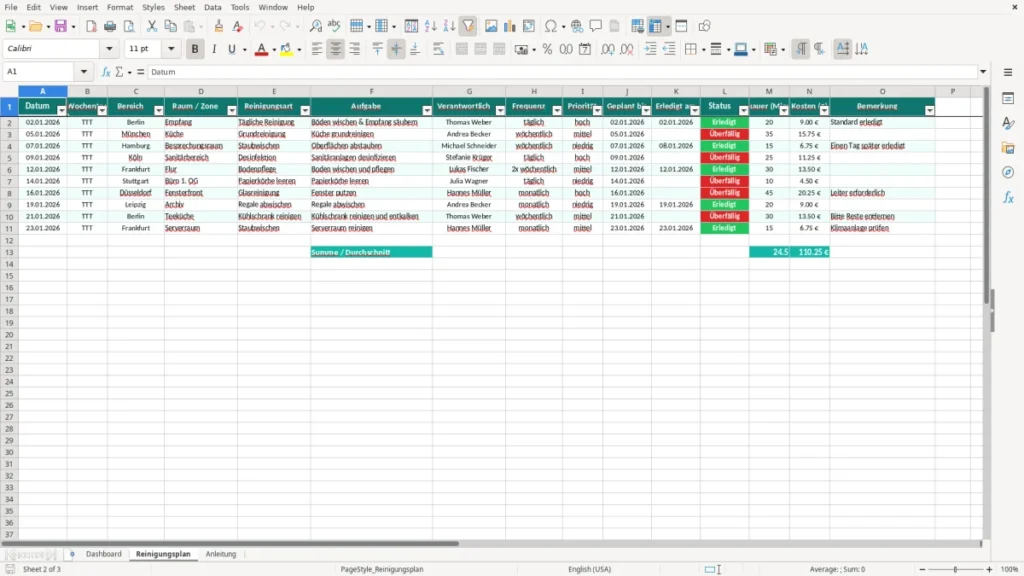 Reinigungsplan – Reinigungsplan Büro Excel Vorlage (2026)