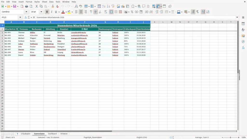 Stammdaten – Urlaubsplaner Excel Vorlage Kostenlos (2026)