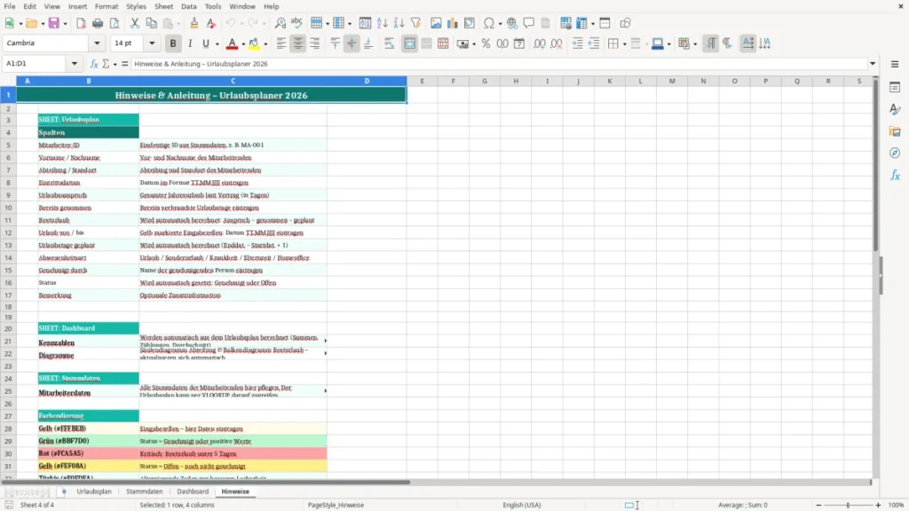 Hinweise – Urlaubsplaner Excel Vorlage Kostenlos (2026)