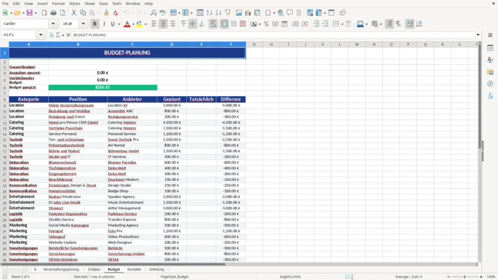 Budget – Veranstaltung Planen Checkliste Excel – Vorlage