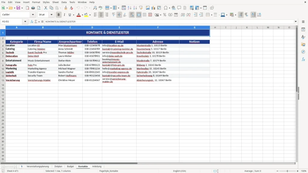 Kontakte – Veranstaltung Planen Checkliste Excel – Vorlage