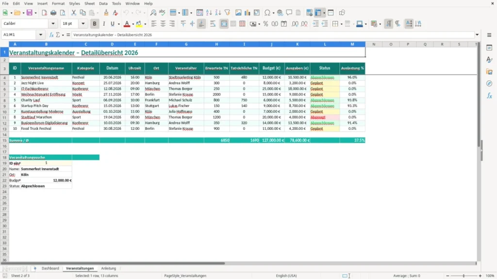 Veranstaltungen – Veranstaltungskalender Excel – Kostenlose Vorlage (2026)