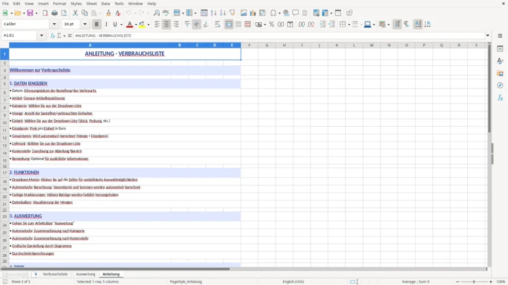 Anleitung – Verbrauchsliste Excel: Smarte Vorlage für Unternehmen