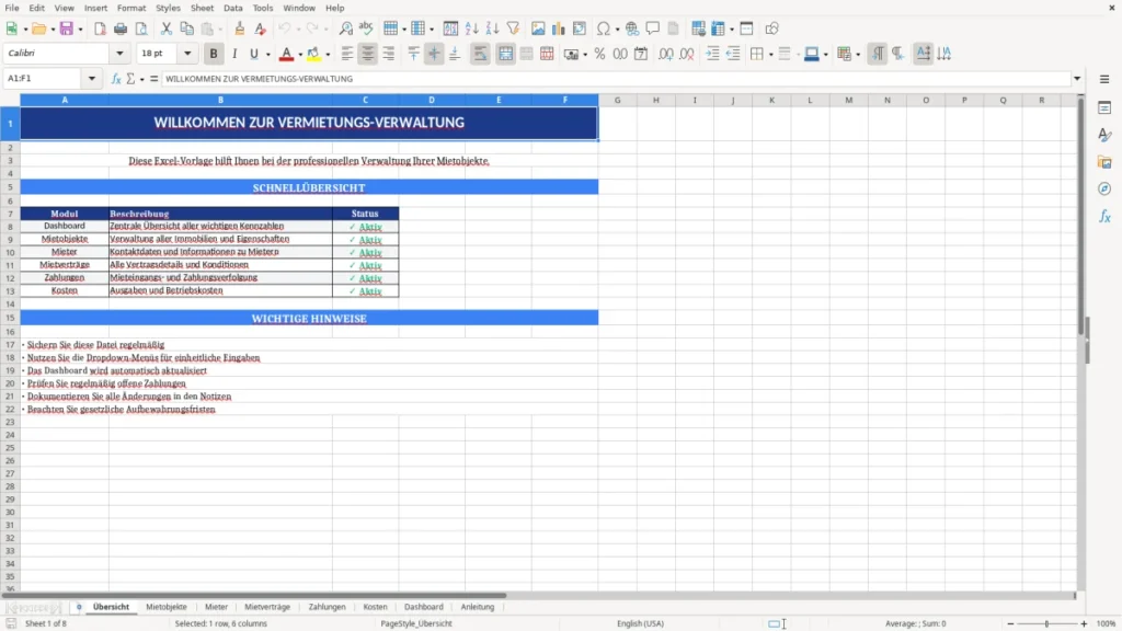 Übersicht – Vermietung Excel Vorlage – Mietverwaltung leicht