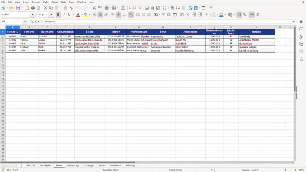 Mieter – Vermietung Excel Vorlage – Mietverwaltung leicht