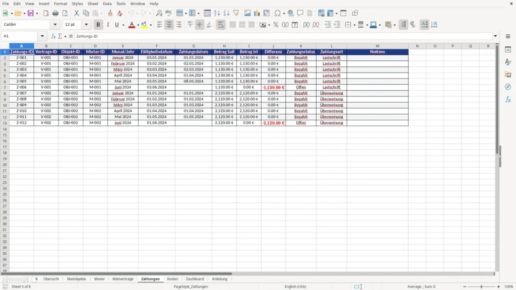Zahlungen – Vermietung Excel Vorlage – Mietverwaltung leicht