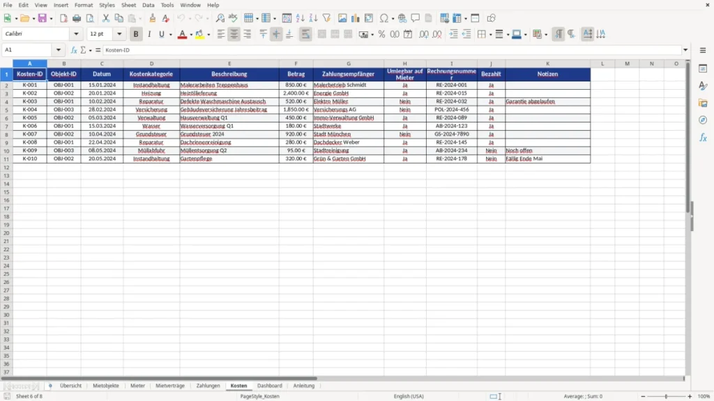 Kosten – Vermietung Excel Vorlage – Mietverwaltung leicht