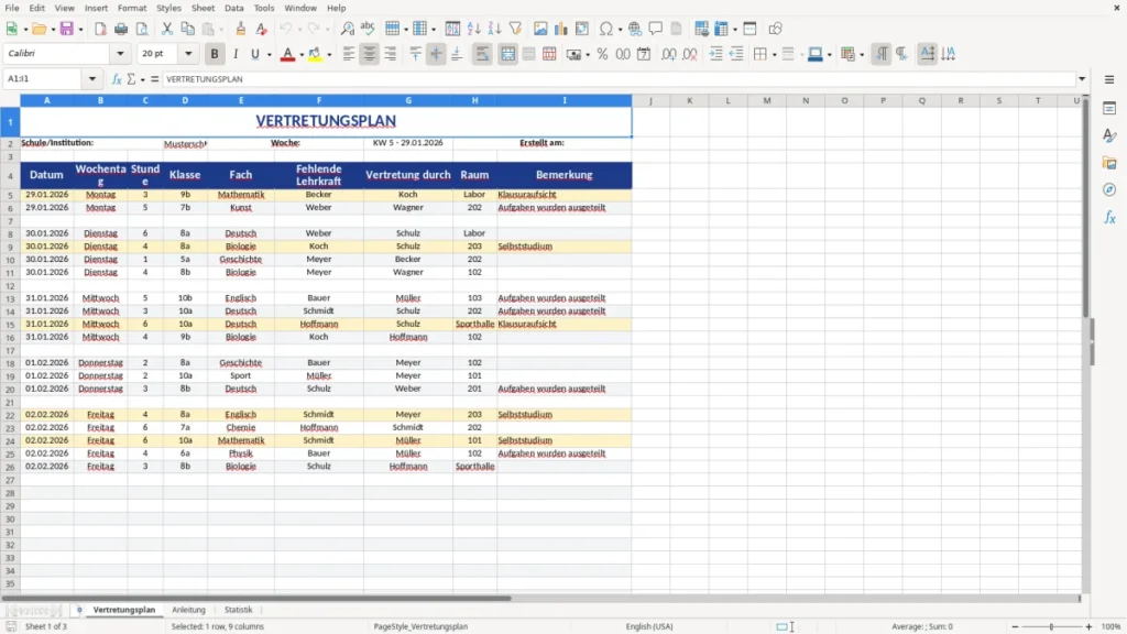 Vertretungsplan – Vertretungsplan Vorlage – Professionell in Excel
