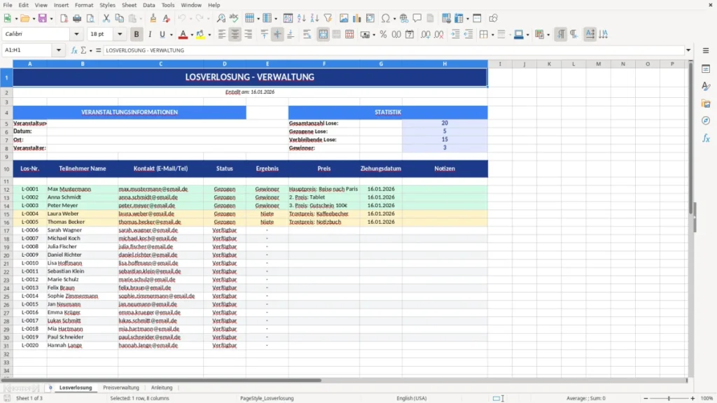 Losverlosung – Vorlage Lose Excel: Tombola & Verlosung planen