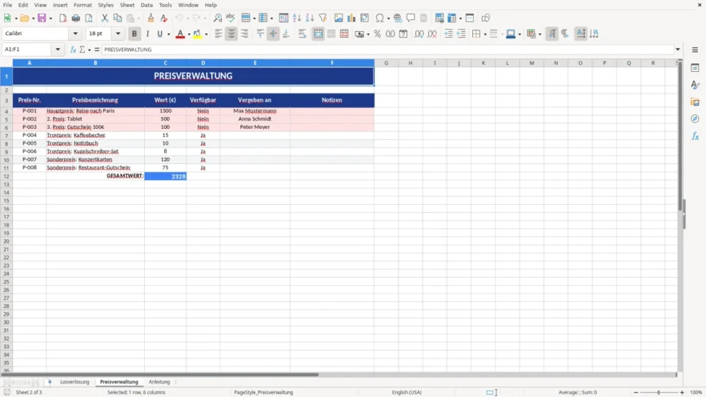Preisverwaltung – Vorlage Lose Excel: Tombola & Verlosung planen