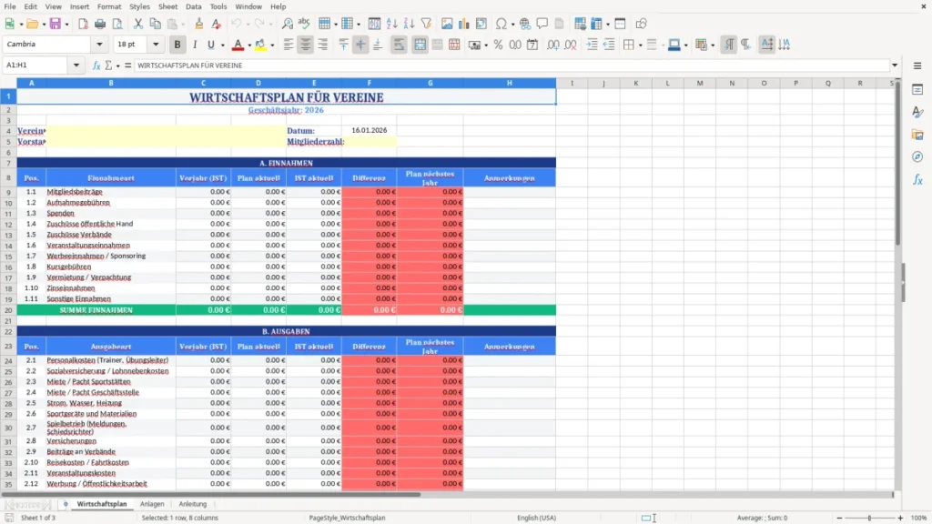 Wirtschaftsplan – Wirtschaftsplan Verein Muster – Excel-Vorlage