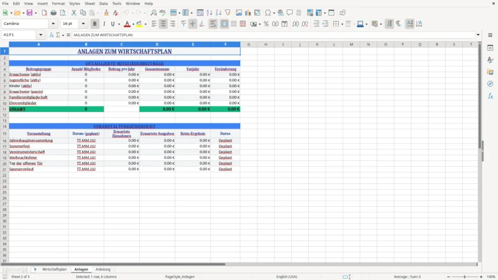 Anlagen – Wirtschaftsplan Verein Muster – Excel-Vorlage