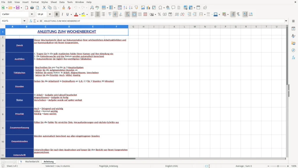 Anleitung – Wochenbericht Vorlage Excel – klar, schnell, professionell