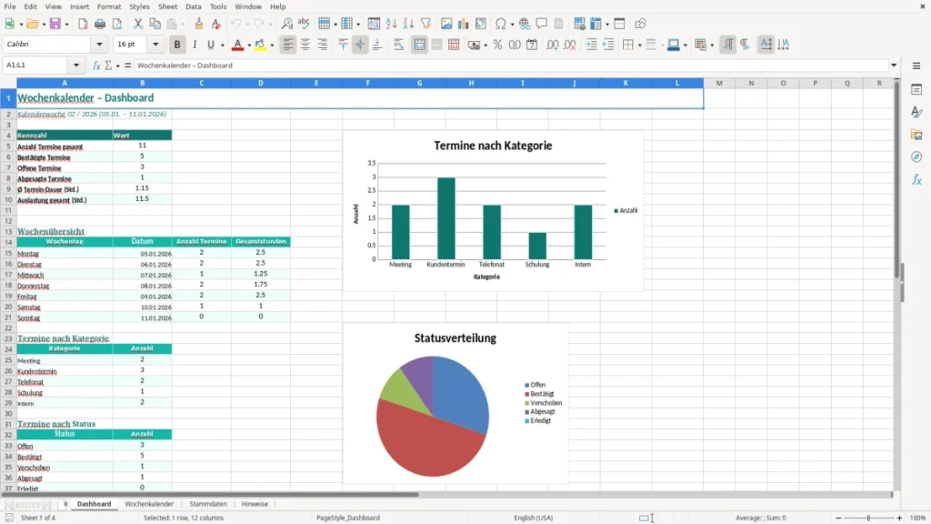 Dashboard – Wochenkalender Termine Excel Vorlage (2026)