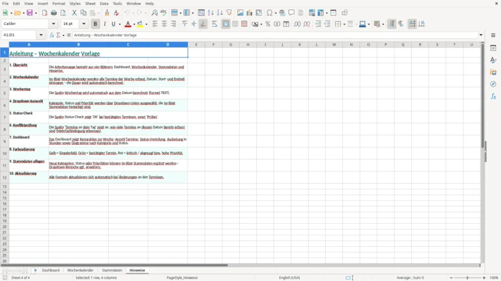 Hinweise – Wochenkalender Termine Excel Vorlage (2026)