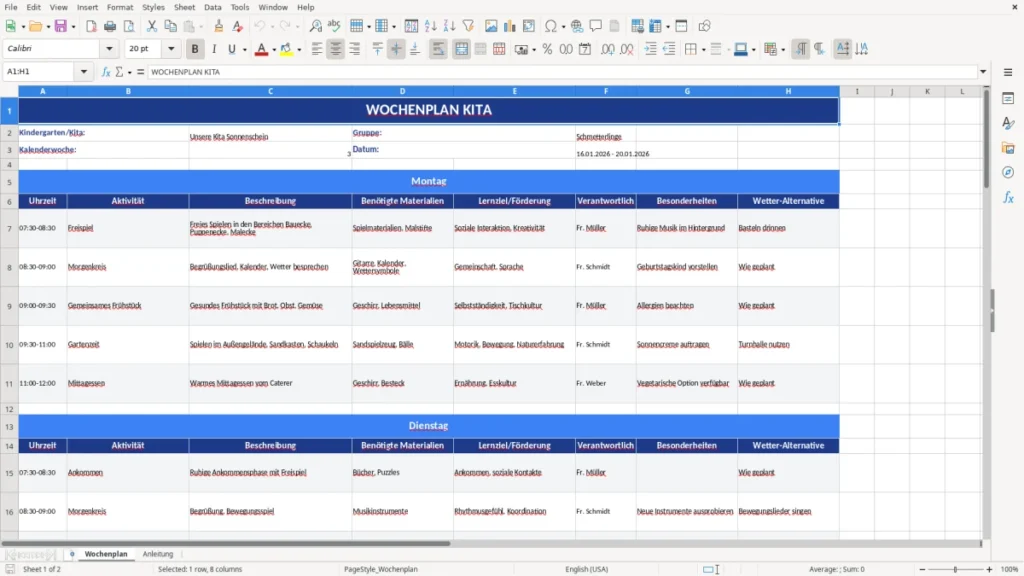 Wochenplan – Wochenplan Kita für Eltern – Excel Vorlage