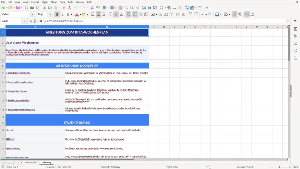 Anleitung – Wochenplan Kita für Eltern – Excel Vorlage