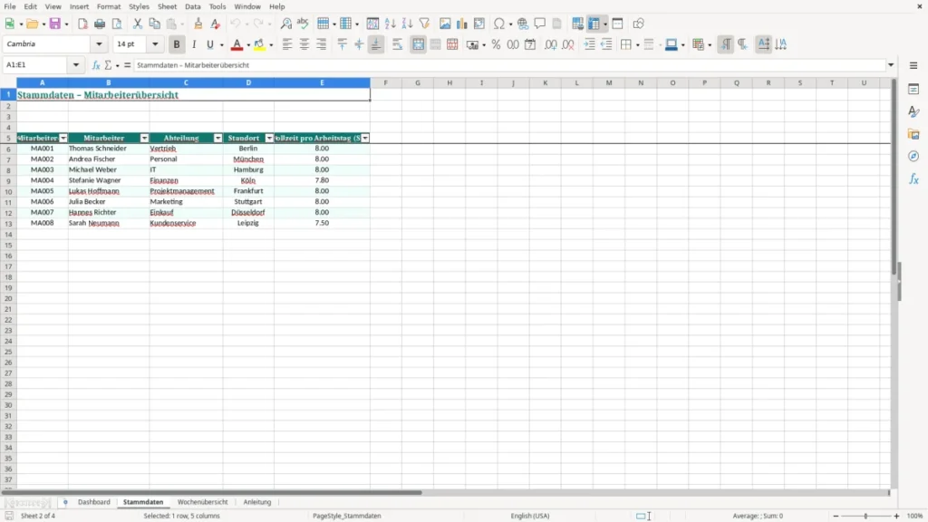 Stammdaten – Zeiterfassung Wochenübersicht Excel Vorlage