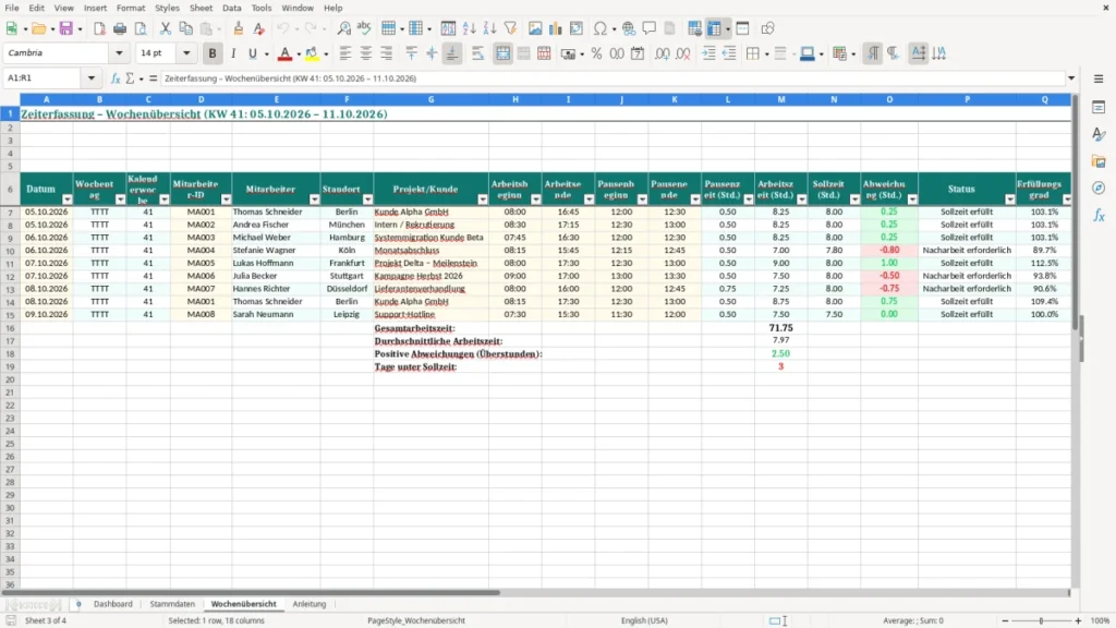 Wochenübersicht – Zeiterfassung Wochenübersicht Excel Vorlage