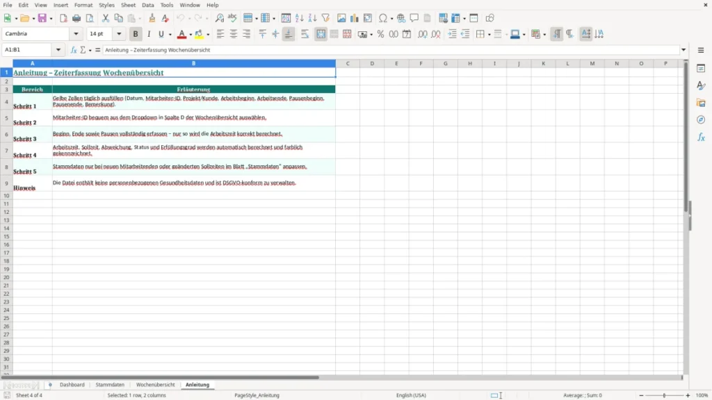 Anleitung – Zeiterfassung Wochenübersicht Excel Vorlage