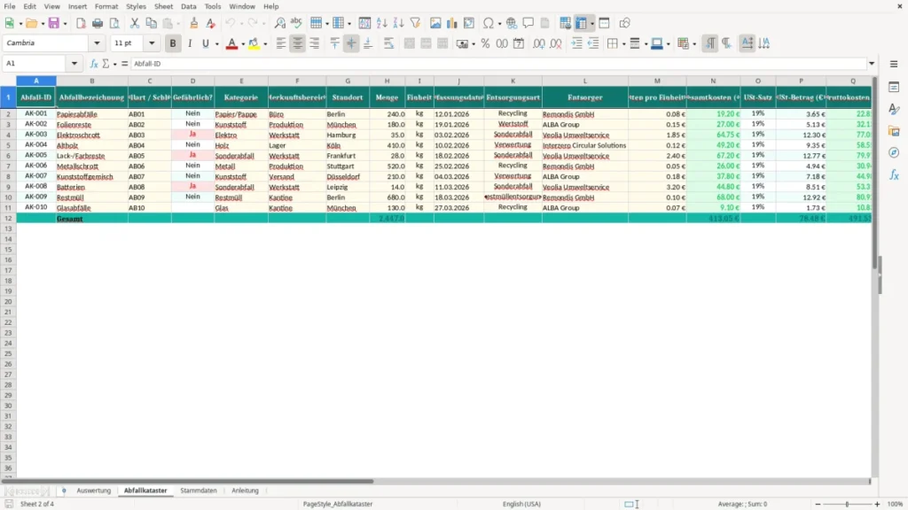 Abfallkataster – Abfallkataster Excel Vorlage – Kostenlose Vorlage (2026)