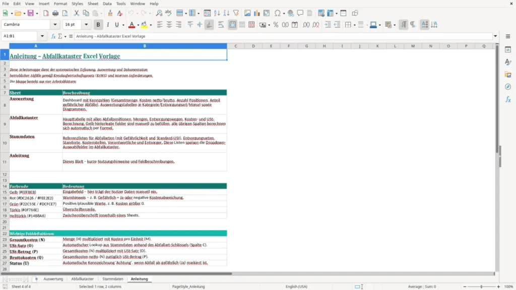 Anleitung – Abfallkataster Excel Vorlage – Kostenlose Vorlage (2026)