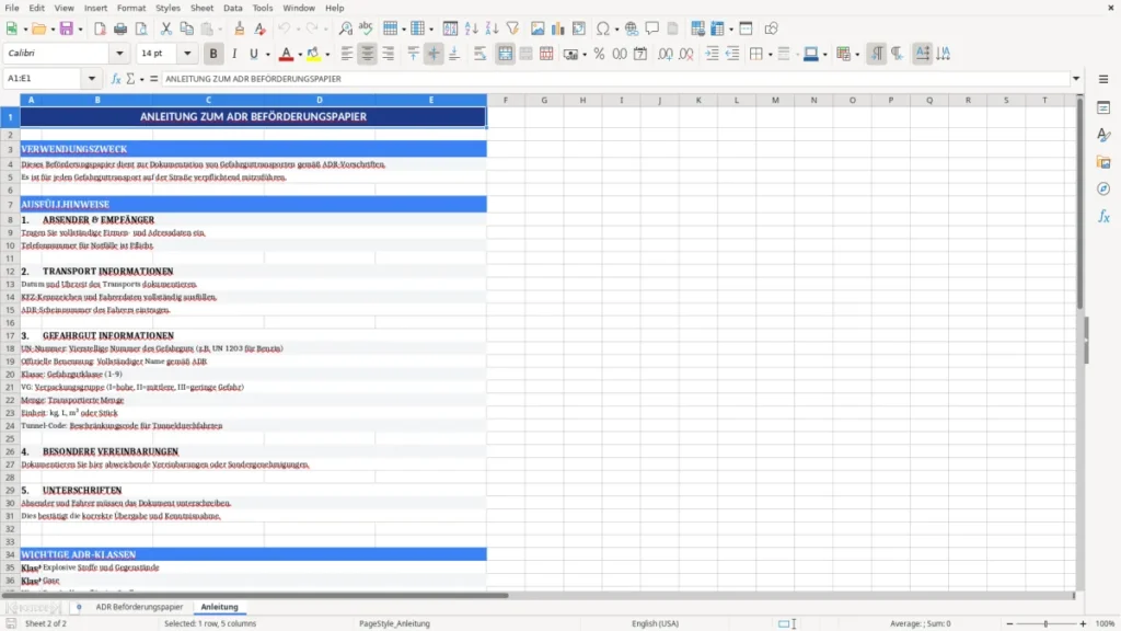 Anleitung – ADR Beförderungspapier Vorlage Excel – rechtssicher & schnell