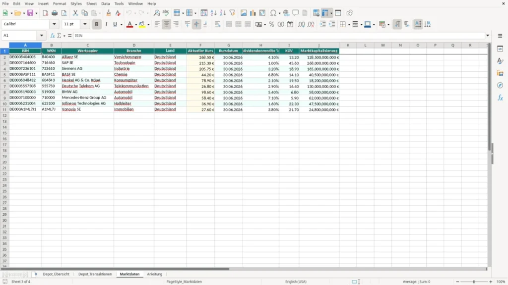 Marktdaten – Aktiendepot Excel Vorlage (2026)