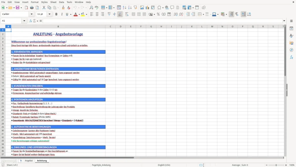 Anleitung – Angebot Vorlage Excel – Profi-Template mit Kalkulation