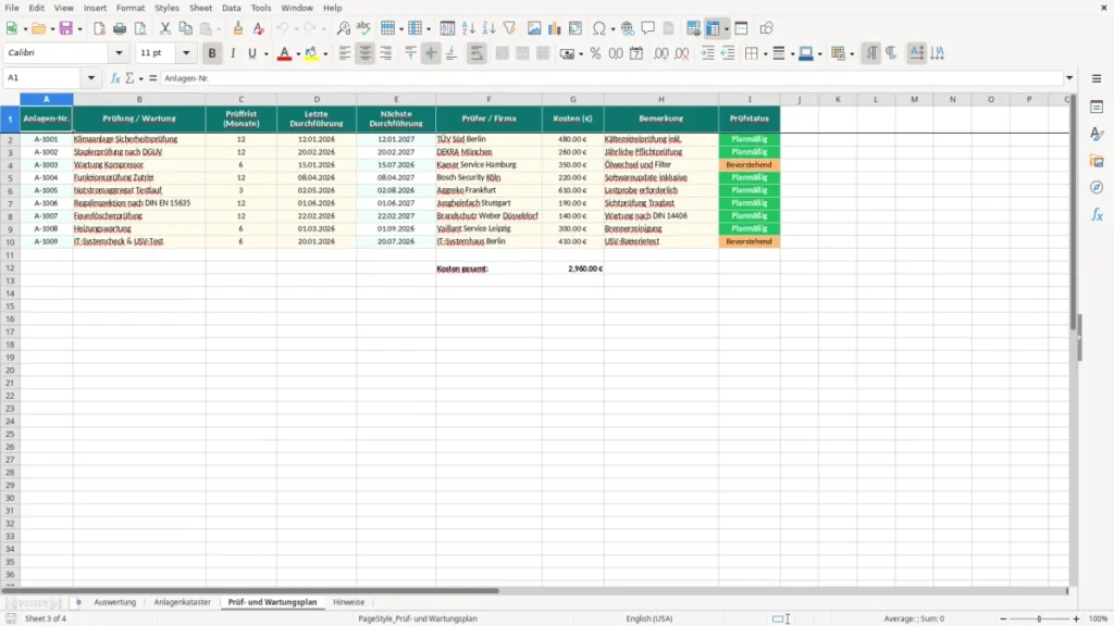 Prüf- und Wartungsplan – Anlagenkataster Excel Vorlage (2026)