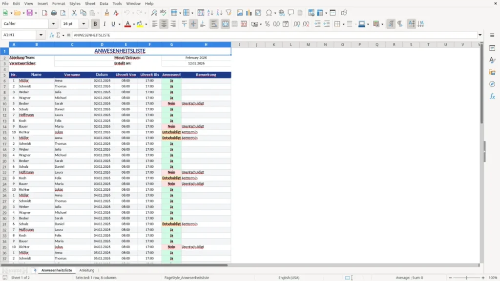 Anwesenheitsliste – Anwesenheitsliste Vorlage Excel – sofort einsatzbereit