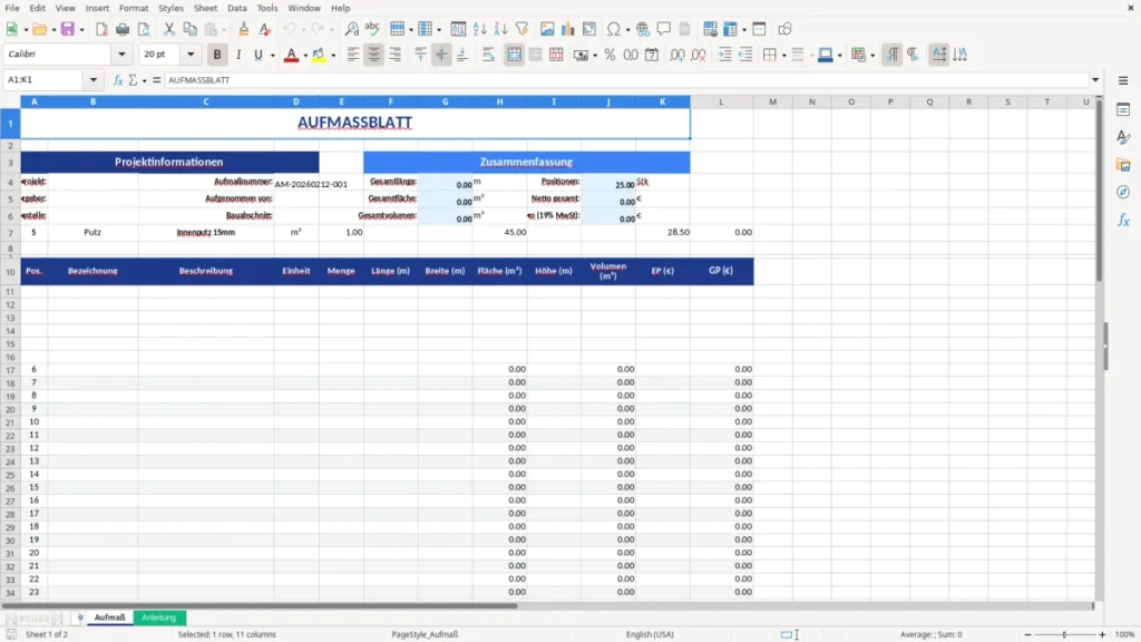 Aufmaß – Aufmaß Vorlage Excel – professionelles Aufmaßblatt