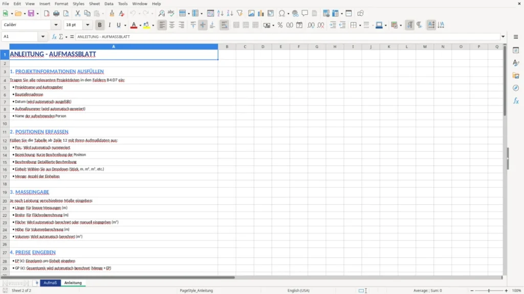 Anleitung – Aufmaß Vorlage Excel – professionelles Aufmaßblatt