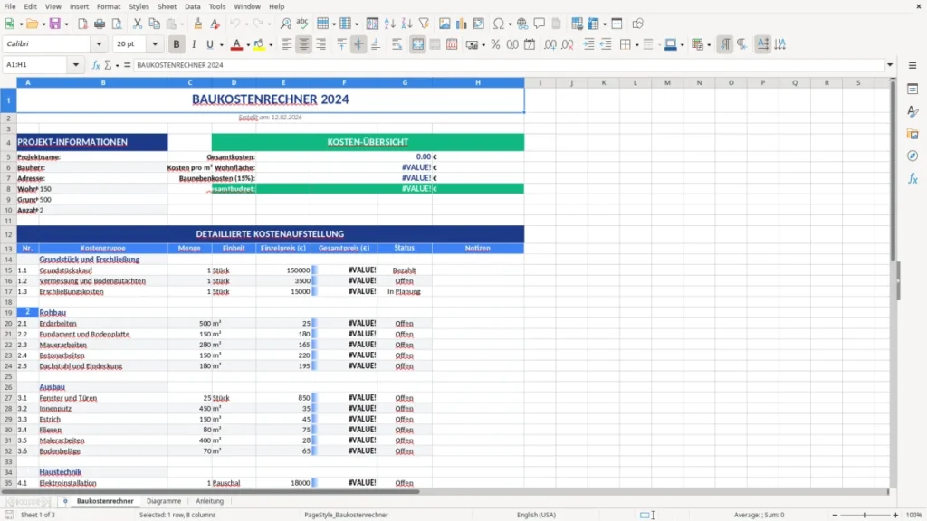 Baukostenrechner – Baukosten Excel-Vorlage kostenlos | DIN 276, 2026