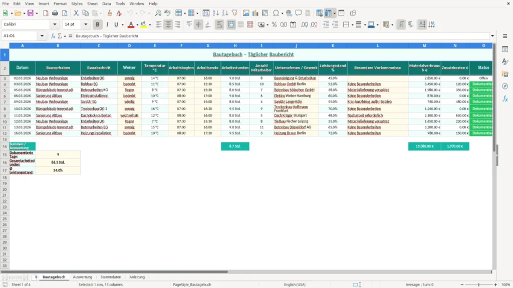 Bautagebuch – Bautagebuch Excel – Vorlage (2026)
